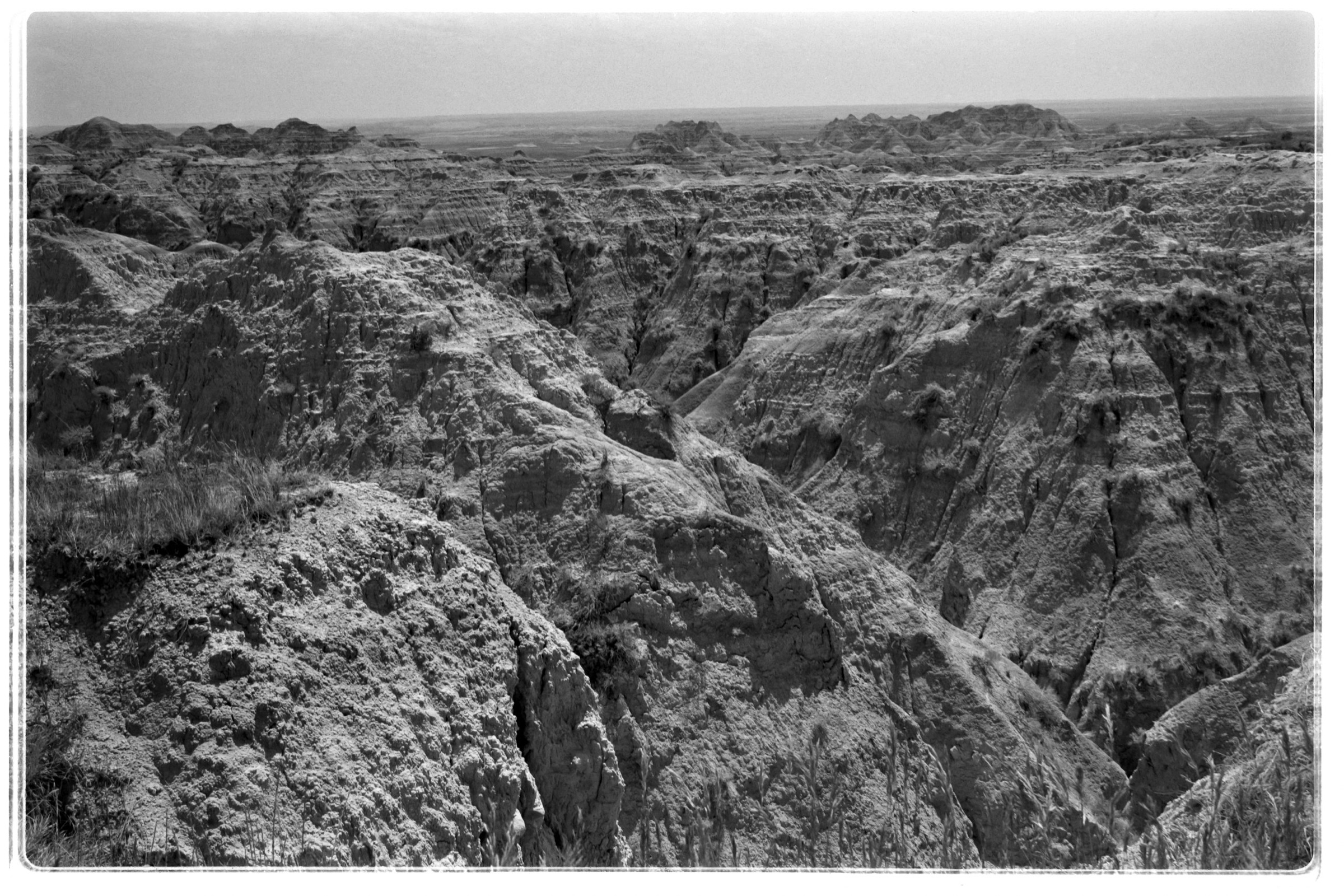 Badlands canyon in black and white