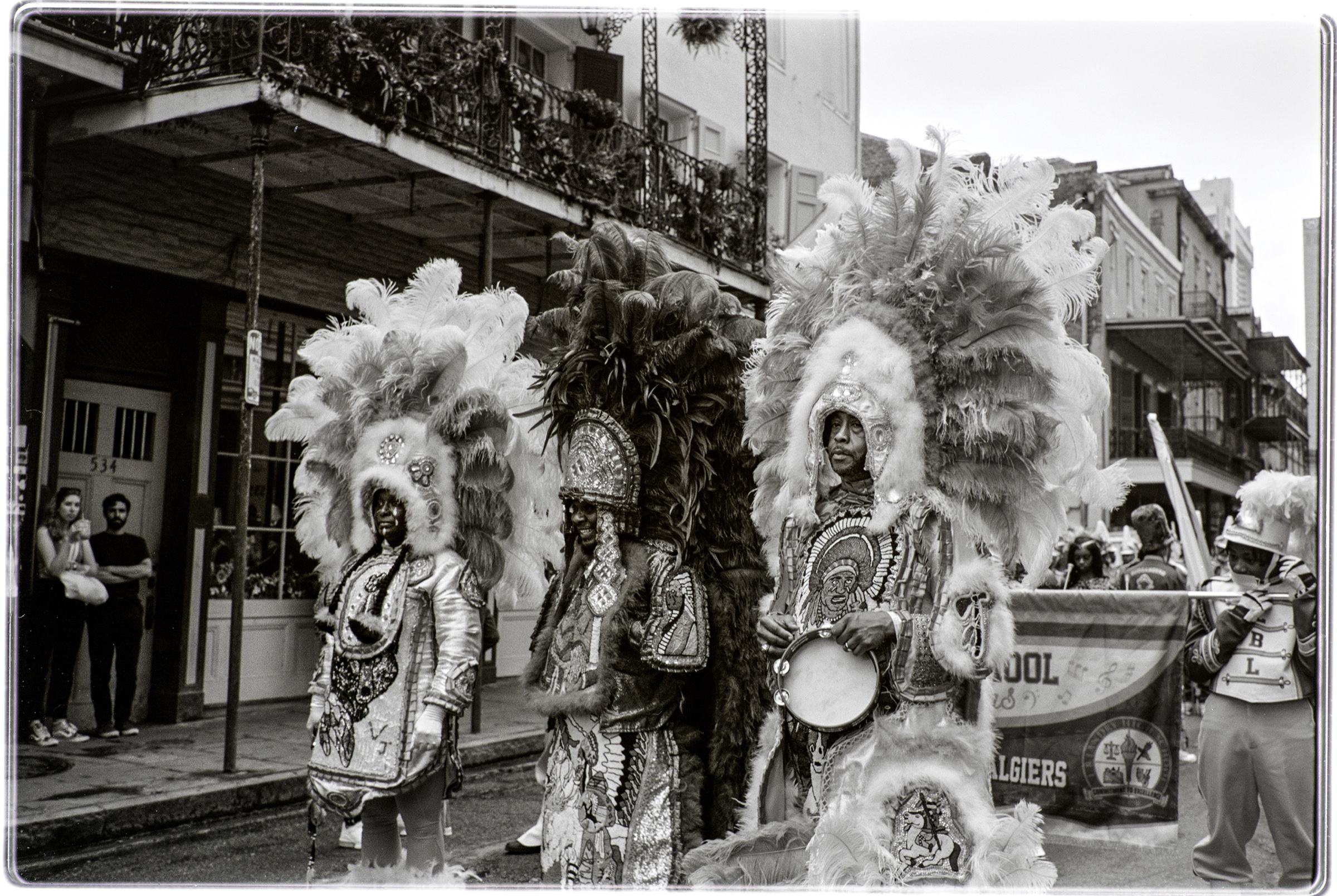 Feathered suits in a New Orleans parade