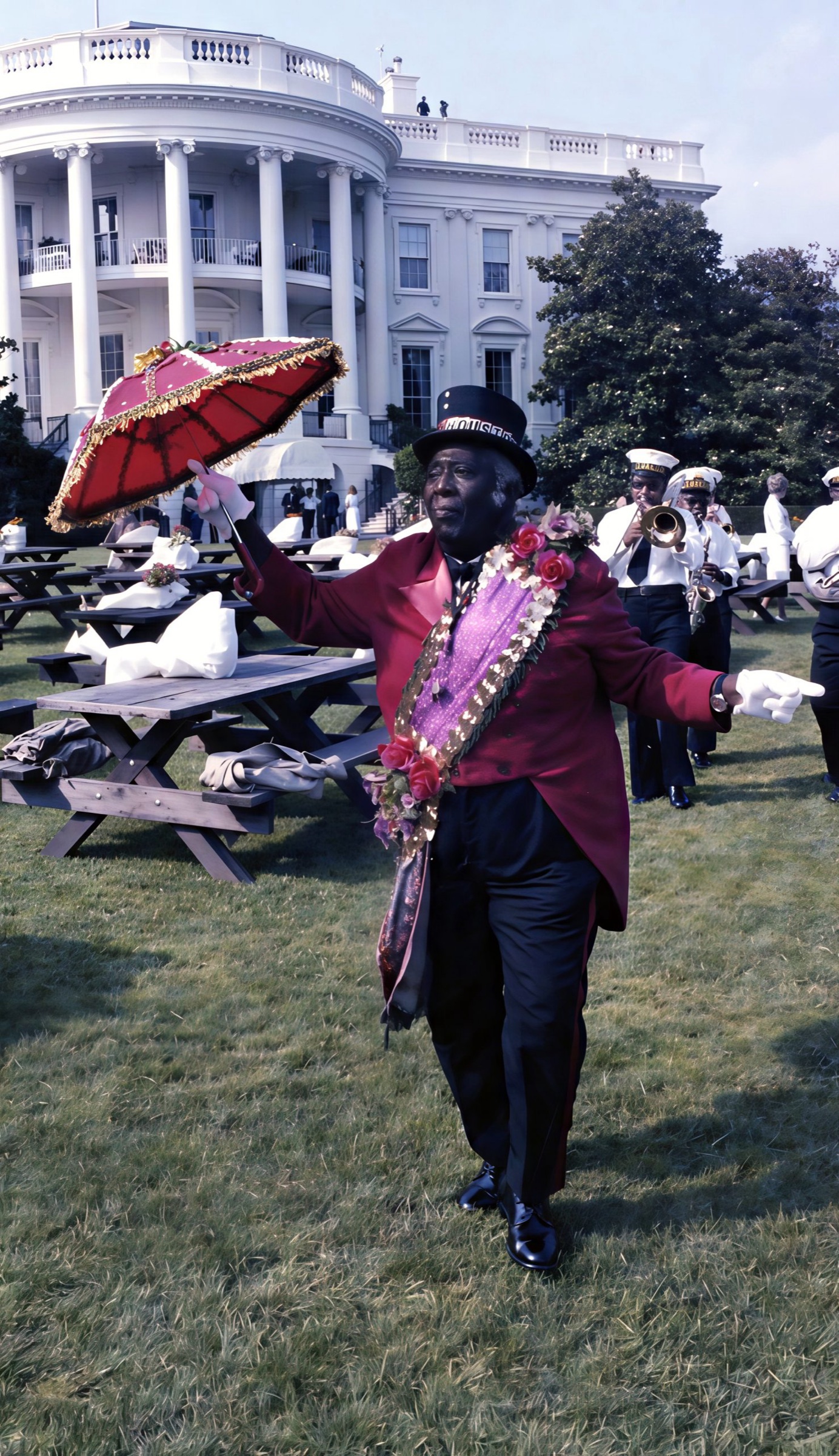 Strutting with a red parasol on the White House lawn